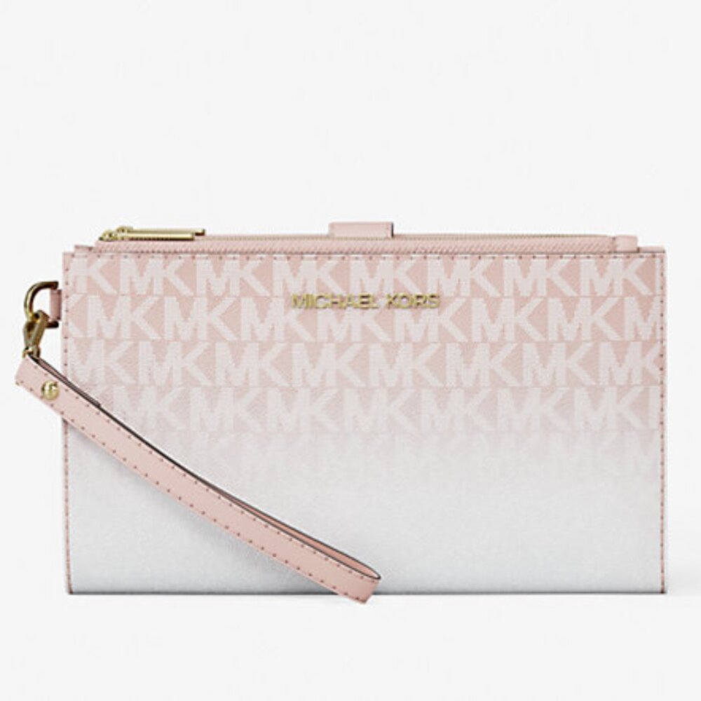 New Michael Kors Jet Set Travel Double Zip Wristlet Wallet Powder Blush Multi